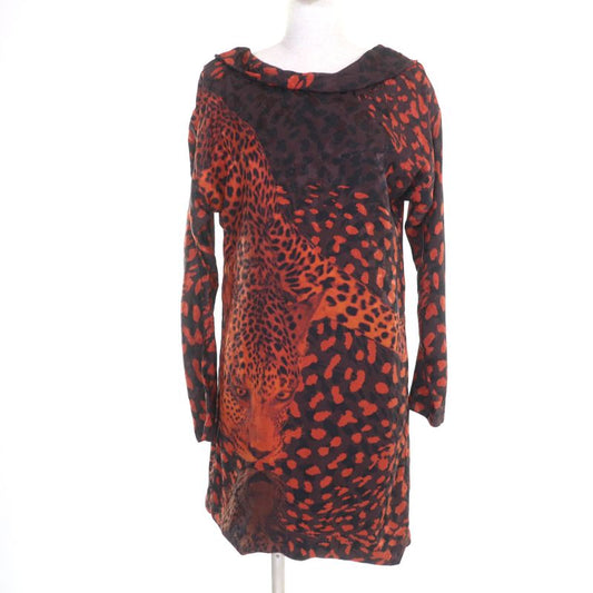 Hermes 100% Silk Leopard Print Long Sleeves Long Dress Orange Black 36 Made In