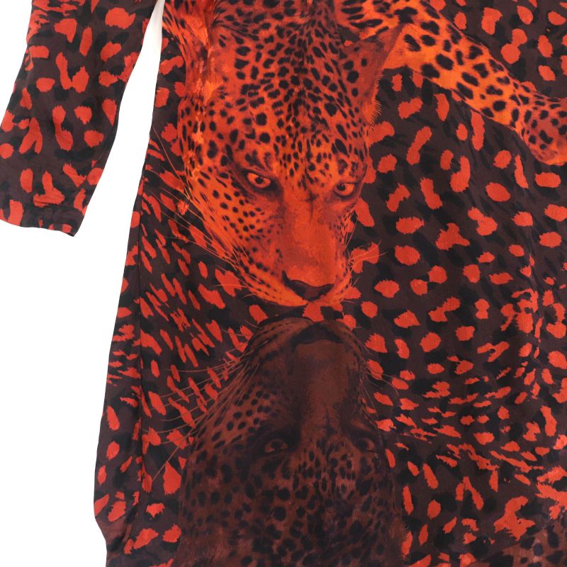 Hermes 100% Silk Leopard Print Long Sleeves Long Dress Orange Black 36 Made In