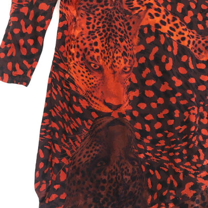 Hermes 100% Silk Leopard Print Long Sleeves Long Dress Orange Black 36 Made In
