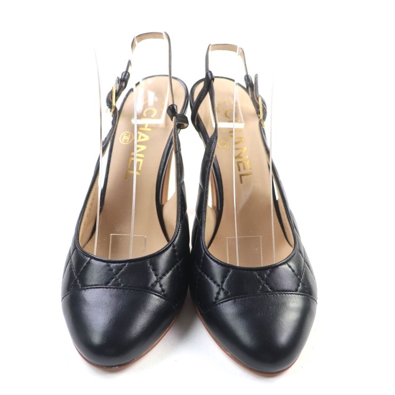 CHANEL G29268 Coco Mark Hardware Attached Matelasse Ankle Strap Leather Pumps