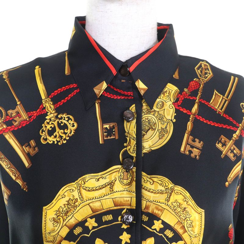 Hermes LES CLES THE KEYS RARE Silk Cashmere Blend Twill Raine Long Sleeve Polo