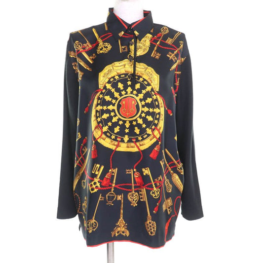 Hermes LES CLES THE KEYS RARE Silk Cashmere Blend Twill Raine Long Sleeve Polo