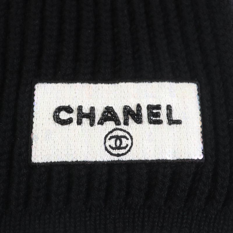 CHANEL Aa9552 100% Cashmere Coco Mark Logo Beads Sequins Scarf Black Made In
