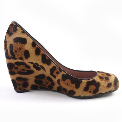 Gucci 326565 Interlocking G Leopard Pattern Halaco Leather Wedge Sole Pumps