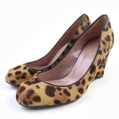 Gucci 326565 Interlocking G Leopard Pattern Halaco Leather Wedge Sole Pumps
