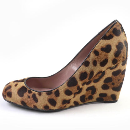 Gucci 326565 Interlocking G Leopard Pattern Halaco Leather Wedge Sole Pumps