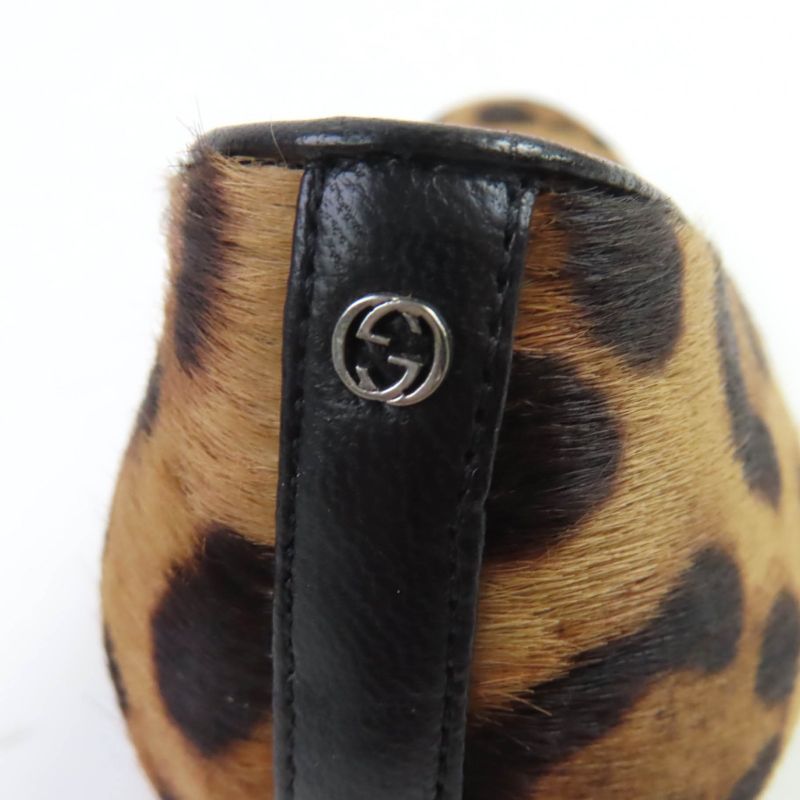 Gucci 326565 Interlocking G Leopard Pattern Halaco Leather Wedge Sole Pumps