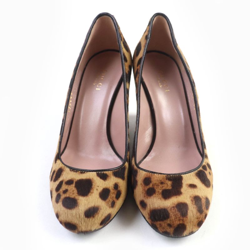 Gucci 326565 Interlocking G Leopard Pattern Halaco Leather Wedge Sole Pumps