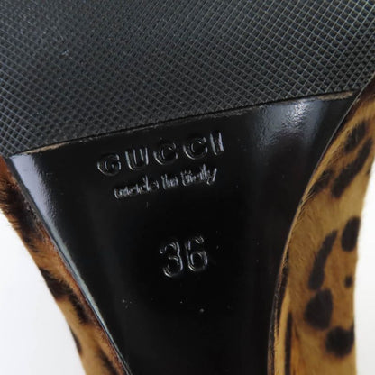 Gucci 326565 Interlocking G Leopard Pattern Halaco Leather Wedge Sole Pumps
