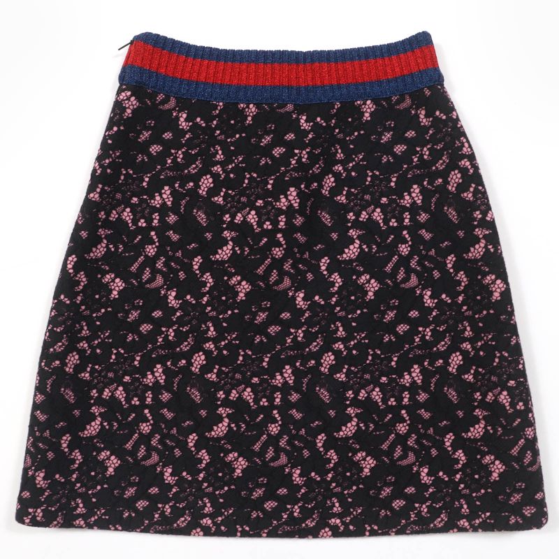 Gucci 457919 Sherry Line Trapezoid Lace Skirt Black Pink S Made In Italy