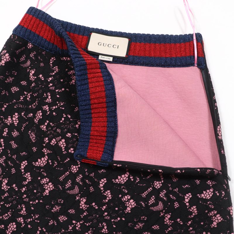 Gucci 457919 Sherry Line Trapezoid Lace Skirt Black Pink S Made In Italy