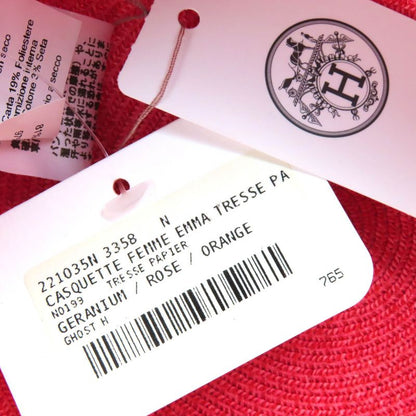 Hermes 221035n Emma Cap Geranium/rose/orange Crudo Cell Paper Hat 58 Made In