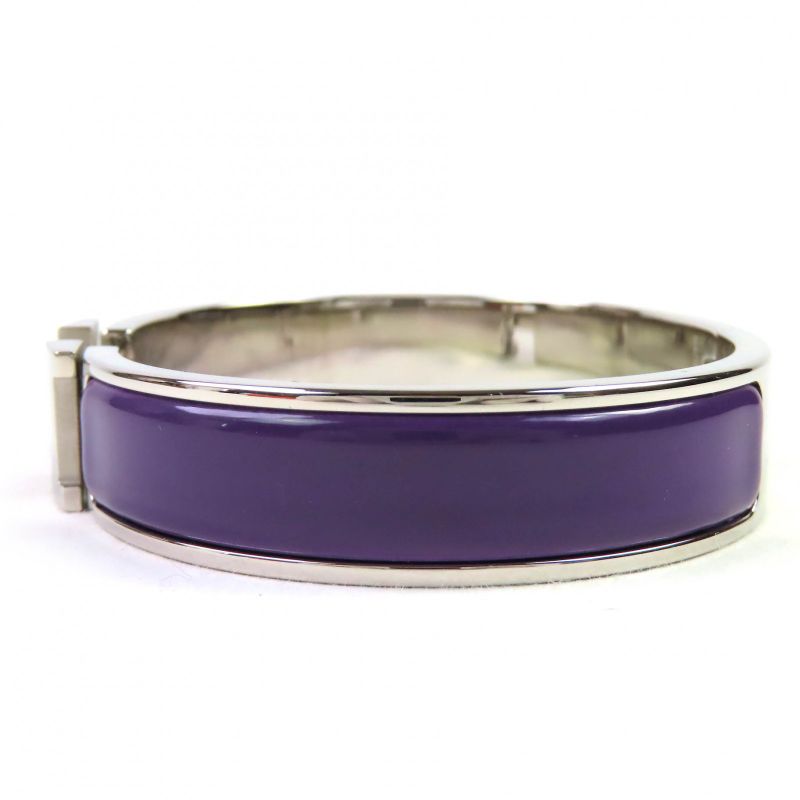 Hermes Click H Silver Hardware Enamel Bracelet Bangle Purple With Box And