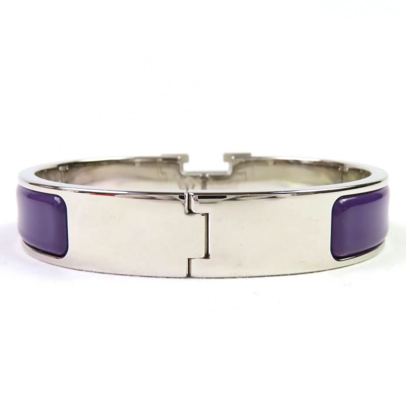 Hermes Click H Silver Hardware Enamel Bracelet Bangle Purple With Box And