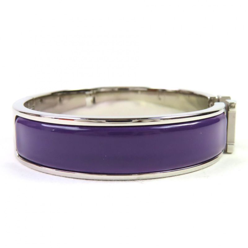Hermes Click H Silver Hardware Enamel Bracelet Bangle Purple With Box And