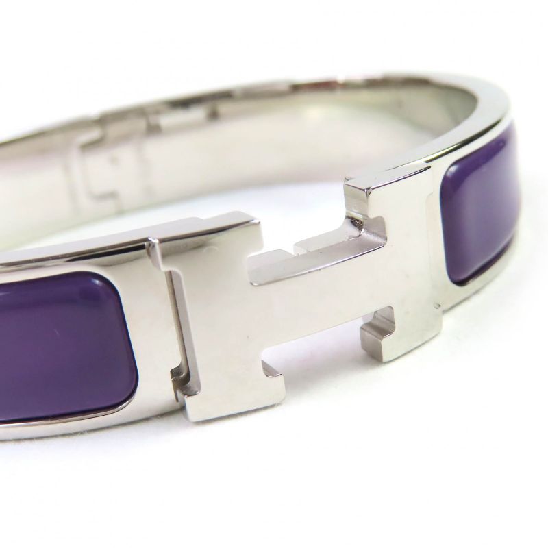 Hermes Click H Silver Hardware Enamel Bracelet Bangle Purple With Box And
