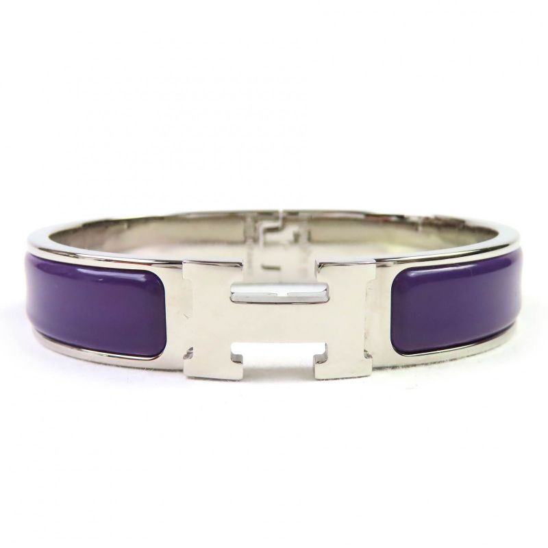 Hermes Click H Silver Hardware Enamel Bracelet Bangle Purple With Box And