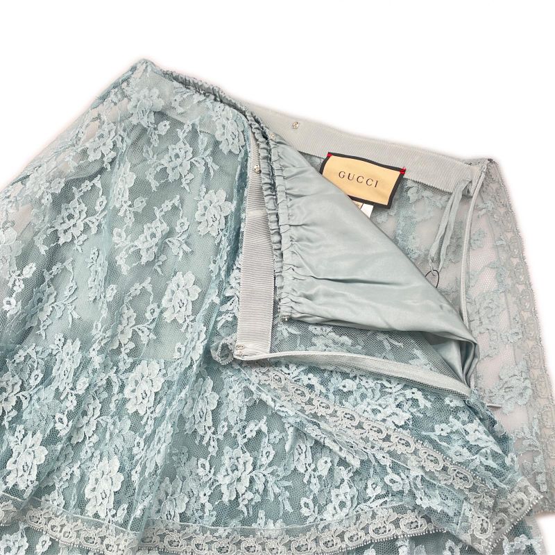 Gucci 22AW 699241 Floral Lace Asymmetrical Maxi Skirt Long Skirt Sac Blue 38