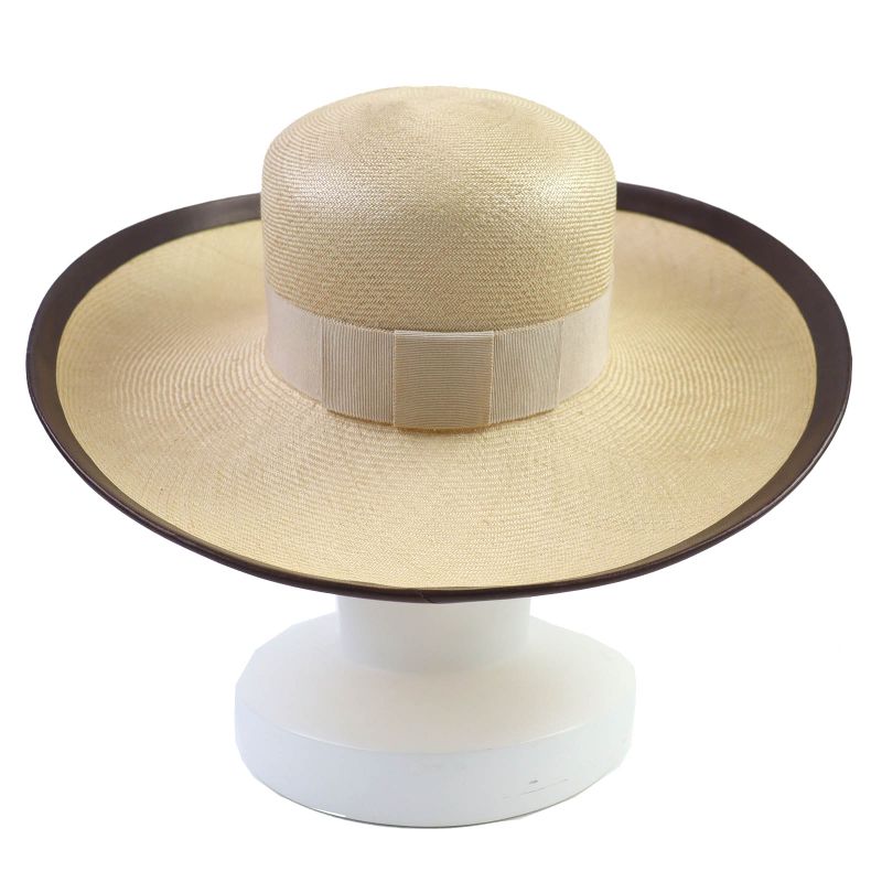 Hermes Motch Hermes 100% Panama Ribbon Leather Trim Wide Brim Straw Hat