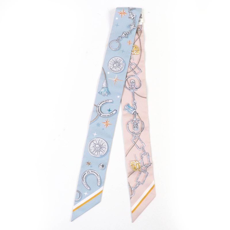 Hermes Twilly CEST LA FETE Serafette 100% Silk BLEU Glacier/rose Scarf With Box