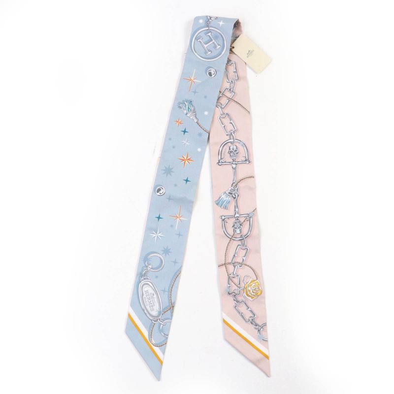Hermes Twilly CEST LA FETE Serafette 100% Silk BLEU Glacier/rose Scarf With Box