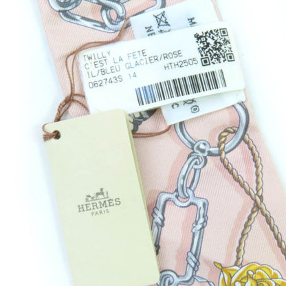 Hermes Twilly CEST LA FETE Serafette 100% Silk BLEU Glacier/rose Scarf With Box