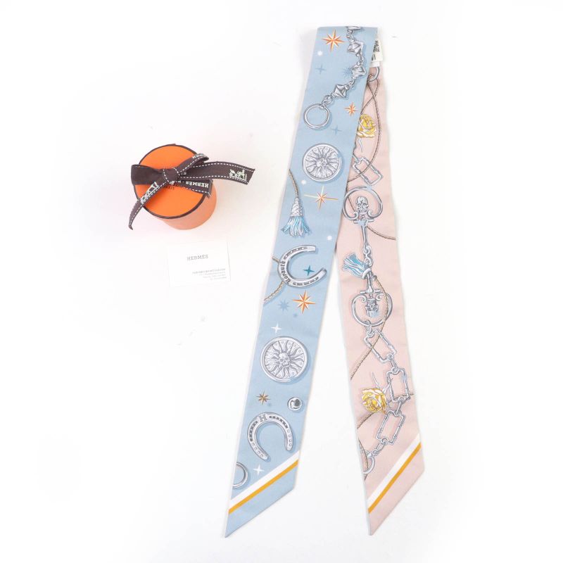 Hermes Twilly CEST LA FETE Serafette 100% Silk BLEU Glacier/rose Scarf With Box