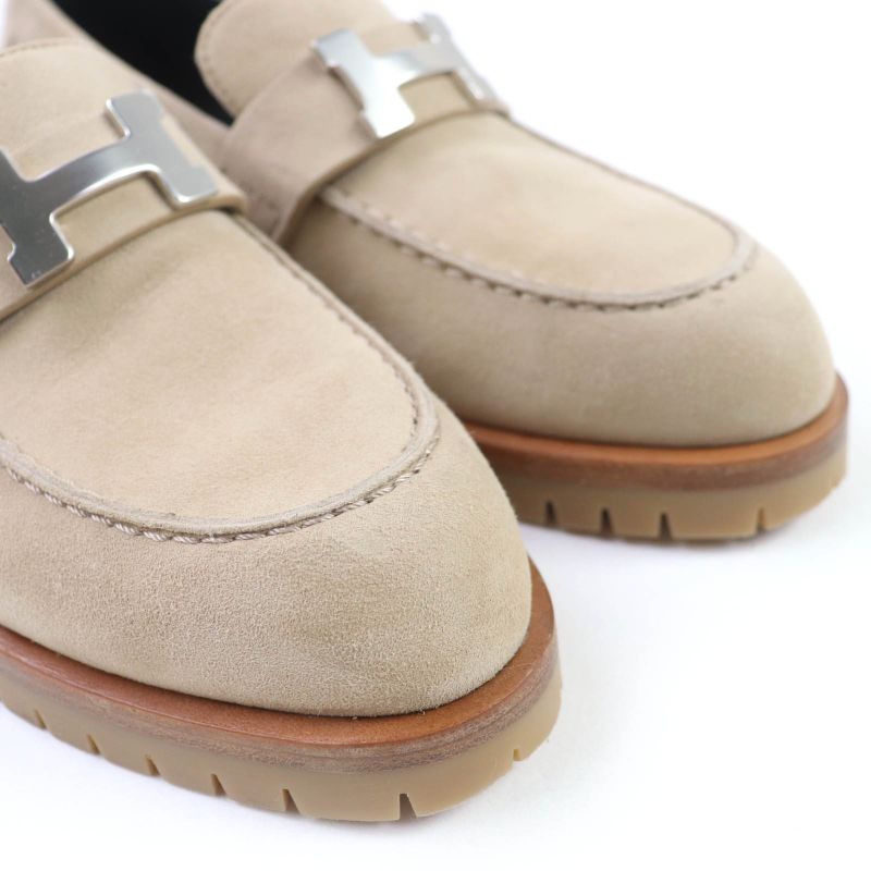 Hermes Loafer Moccasin Foble Suedeleather Silver Hardware H Logo Hardware Beige