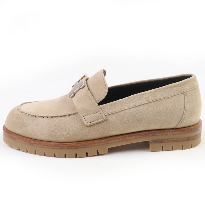 Hermes Loafer Moccasin Foble Suedeleather Silver Hardware H Logo Hardware Beige