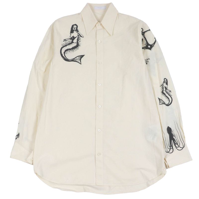 Prada 22SS Sc568 100% Cotton Tattoo Print Long Sleeve Long Sleeve Shirt Ivory