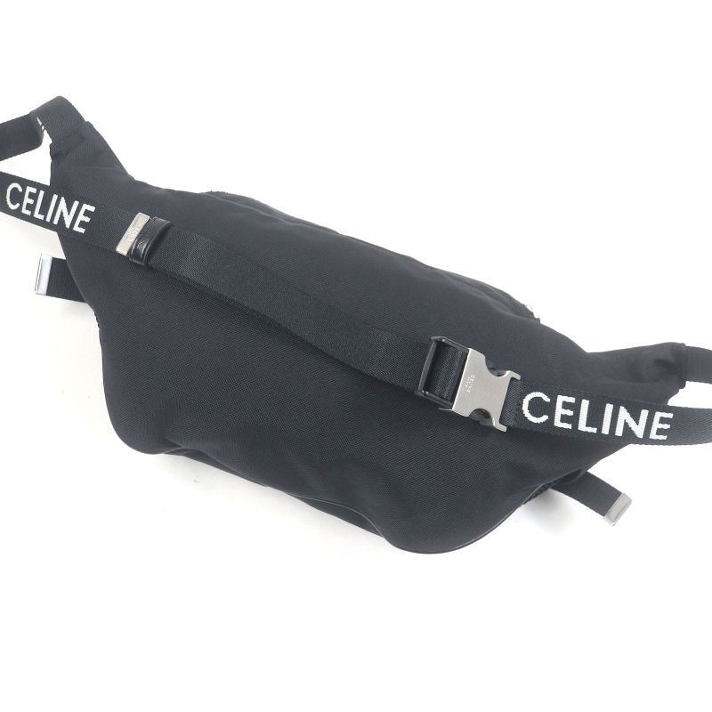 Celine 19868 Nylon Trekking Belt Bag Logo Print Body Bag Waist Pouch Black With