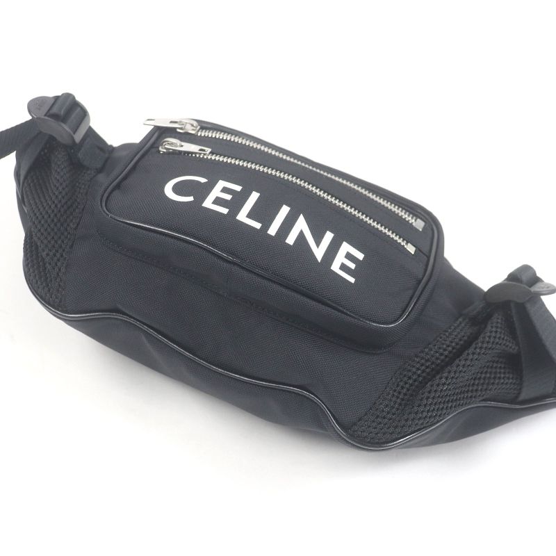 Celine 19868 Nylon Trekking Belt Bag Logo Print Body Bag Waist Pouch Black With