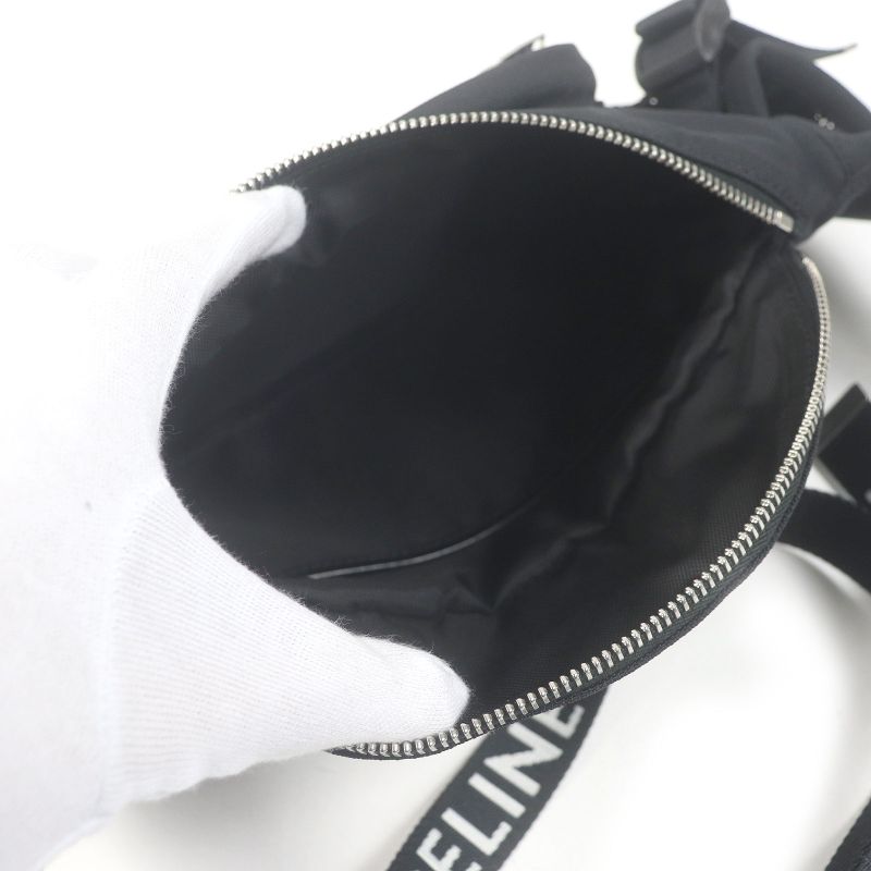 Celine 19868 Nylon Trekking Belt Bag Logo Print Body Bag Waist Pouch Black With