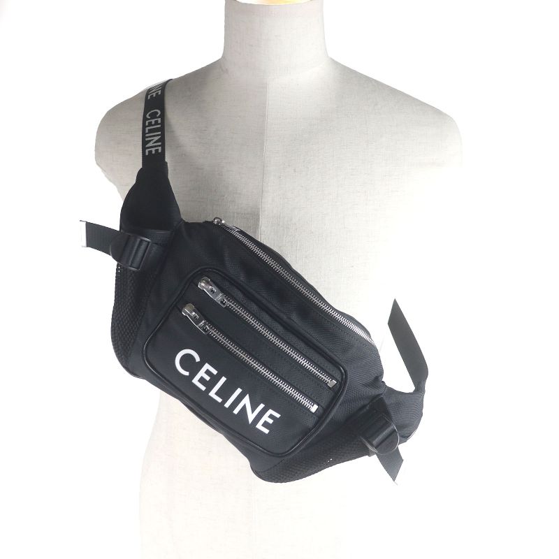 Celine 19868 Nylon Trekking Belt Bag Logo Print Body Bag Waist Pouch Black With