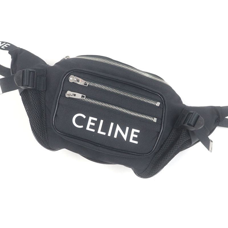 Celine 19868 Nylon Trekking Belt Bag Logo Print Body Bag Waist Pouch Black With