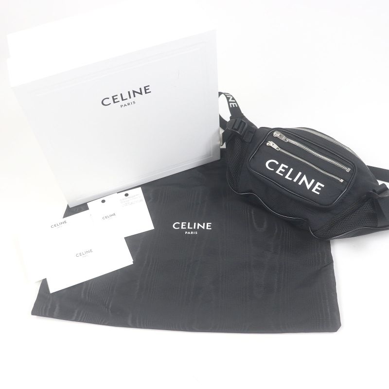 Celine 19868 Nylon Trekking Belt Bag Logo Print Body Bag Waist Pouch Black With
