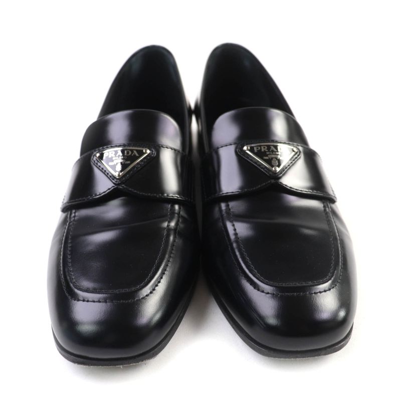 Prada 1d276n Triangle Logo Square Toe Brushed Leather Loafers Black 38 With Box