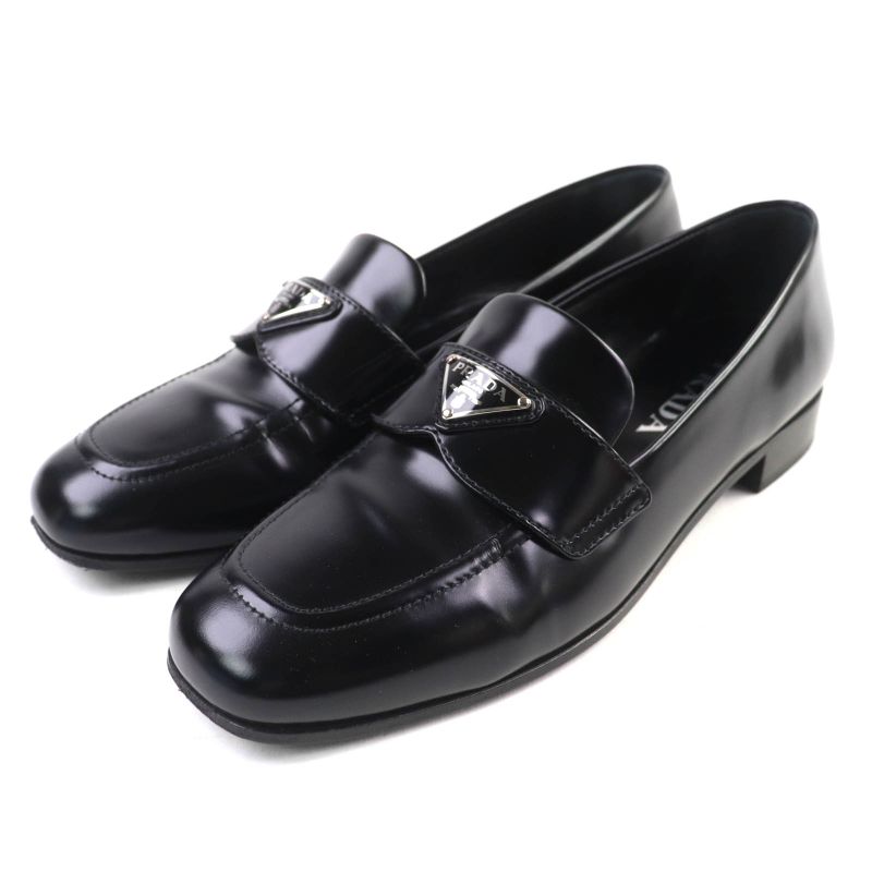 Prada 1d276n Triangle Logo Square Toe Brushed Leather Loafers Black 38 With Box