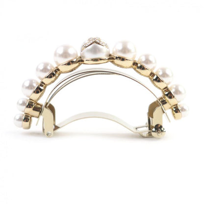 CHANEL I22S Rhinestone Coco Mark F Pearl Barrette Hair Accessory White Goldhardw