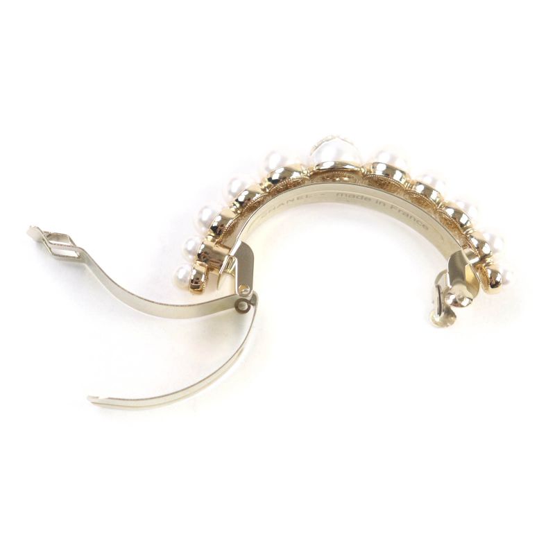 CHANEL I22S Rhinestone Coco Mark F Pearl Barrette Hair Accessory White Goldhardw