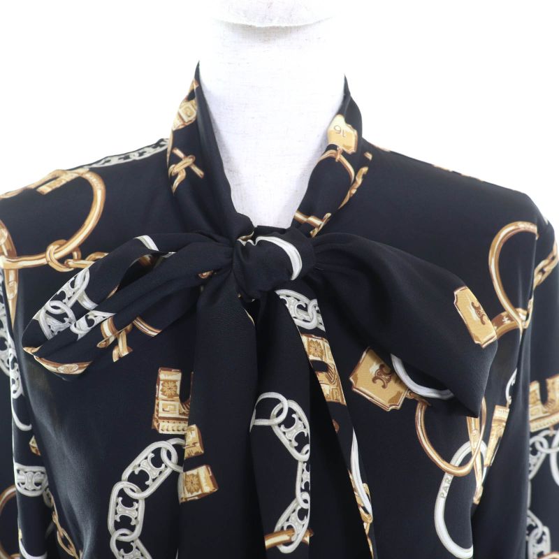 Celine 2r35f738r Lavalliere 100% Silk Triomphe Long Sleeve Dress With Button