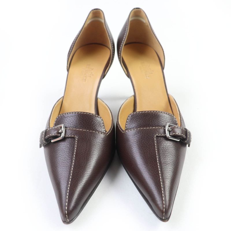 Hermes Stitching Buckle Design Leather Pumps Brown 36.5 With Box And Storage