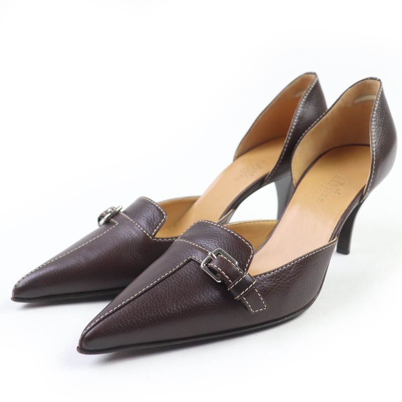 Hermes Stitching Buckle Design Leather Pumps Brown 36.5 With Box And Storage
