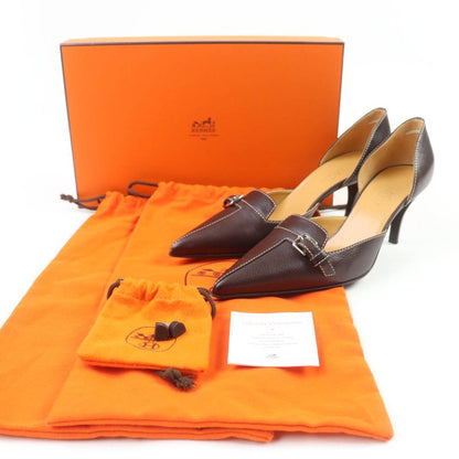 Hermes Stitching Buckle Design Leather Pumps Brown 36.5 With Box And Storage