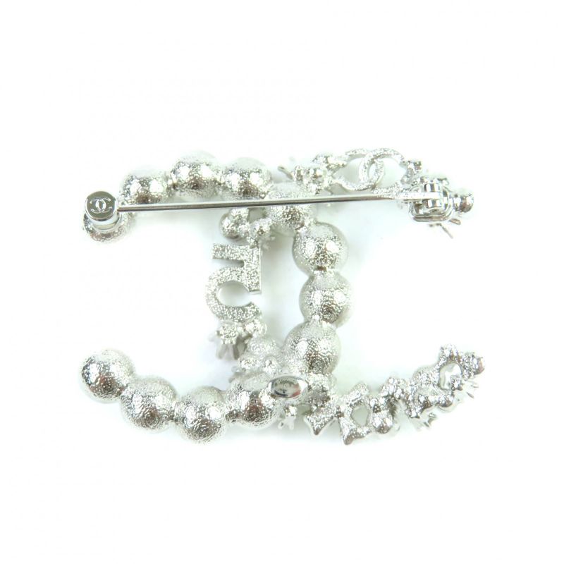 CHANEL B23P No.5 Coco Mark Rhinestone F Pearl Brooch Silver White With Box And