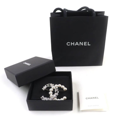 CHANEL B23P No.5 Coco Mark Rhinestone F Pearl Brooch Silver White With Box And