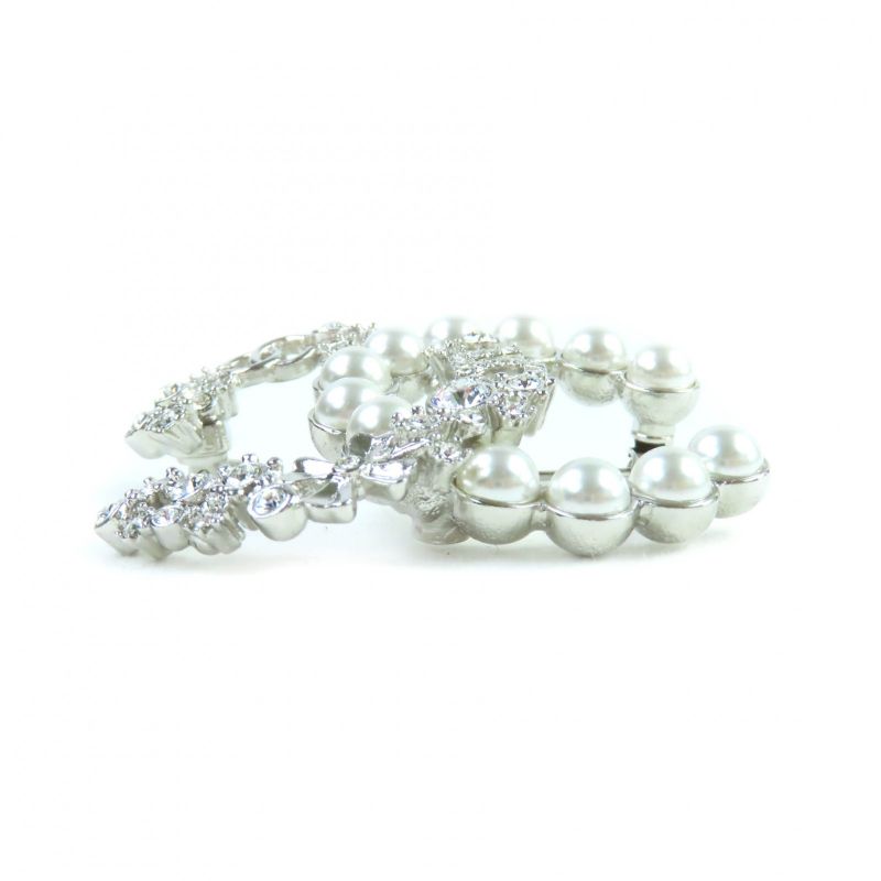 CHANEL B23P No.5 Coco Mark Rhinestone F Pearl Brooch Silver White With Box And
