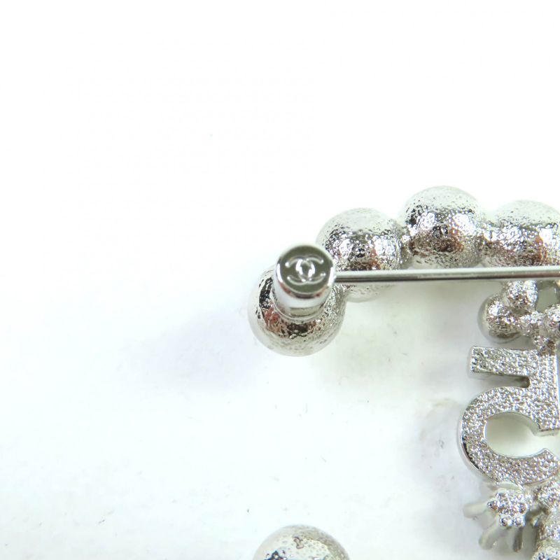 CHANEL B23P No.5 Coco Mark Rhinestone F Pearl Brooch Silver White With Box And