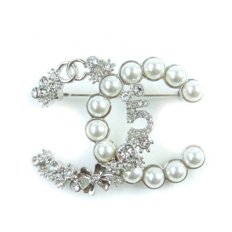 CHANEL B23P No.5 Coco Mark Rhinestone F Pearl Brooch Silver White With Box And