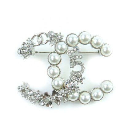 CHANEL B23P No.5 Coco Mark Rhinestone F Pearl Brooch Silver White With Box And